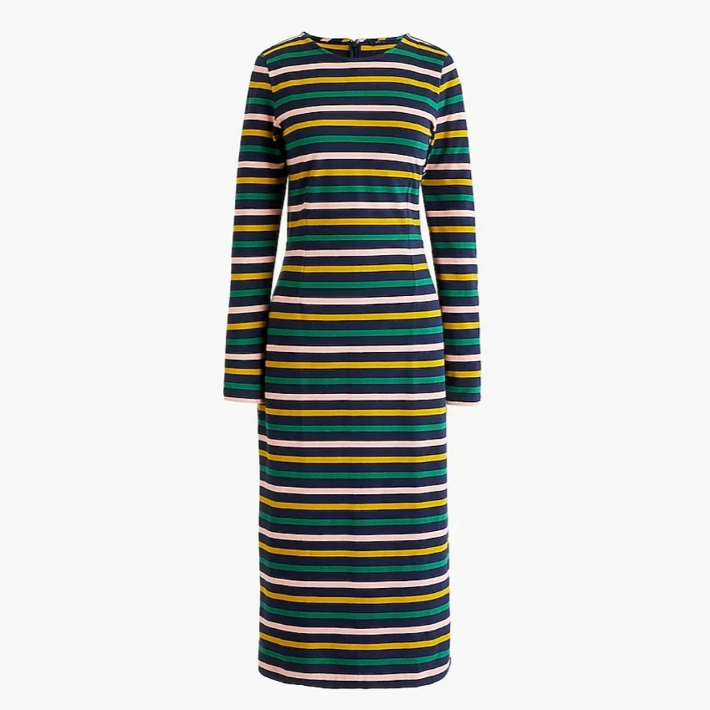 J. Crew Long Sleeve Navy Striped Cotton Stretch Knit Midi Sheath Dress Size 4